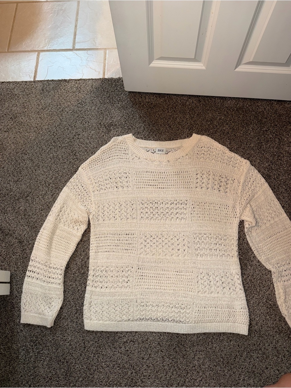 BKE Cream Crochet Open-Knit Crewneck Sweater